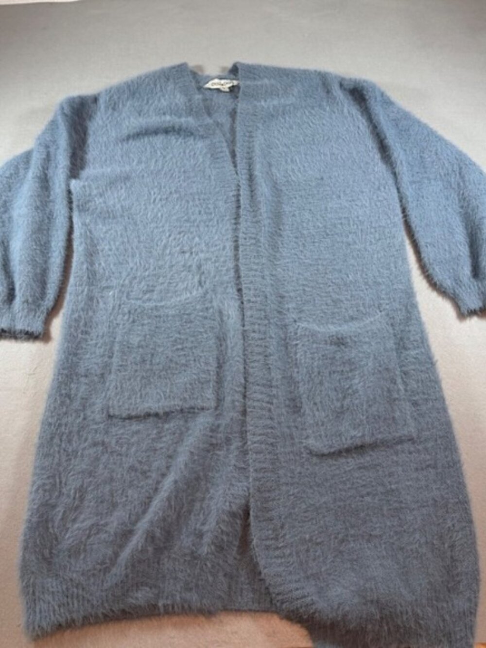 Davi & Dani Dusty Blue Fuzzy Eyelash Knit Open Front Cardigan with Pockets